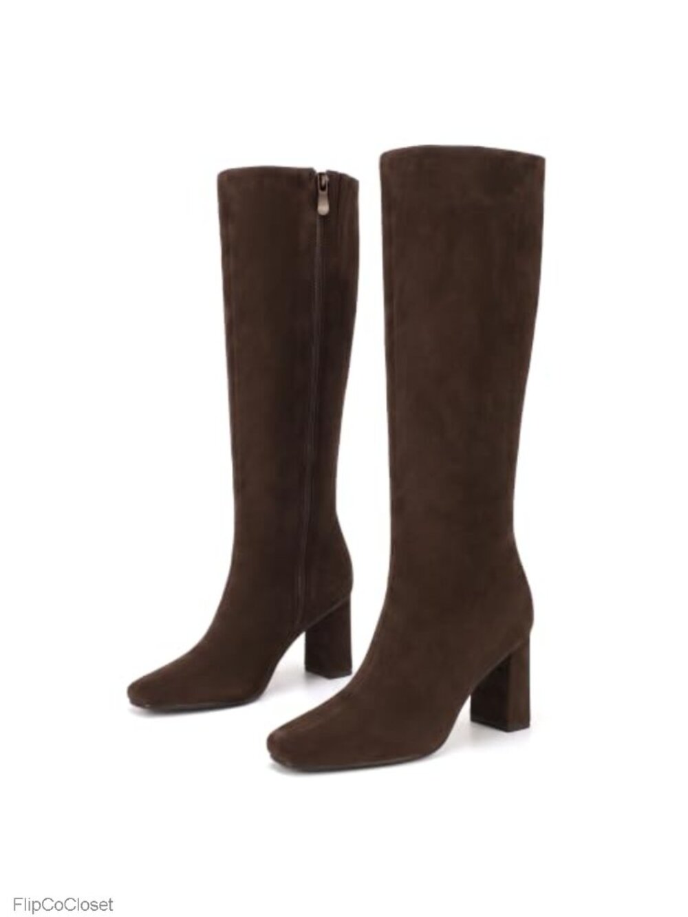 Women's Knee High Boots Chunky Heel Faux Leather Square Toe Side Zip